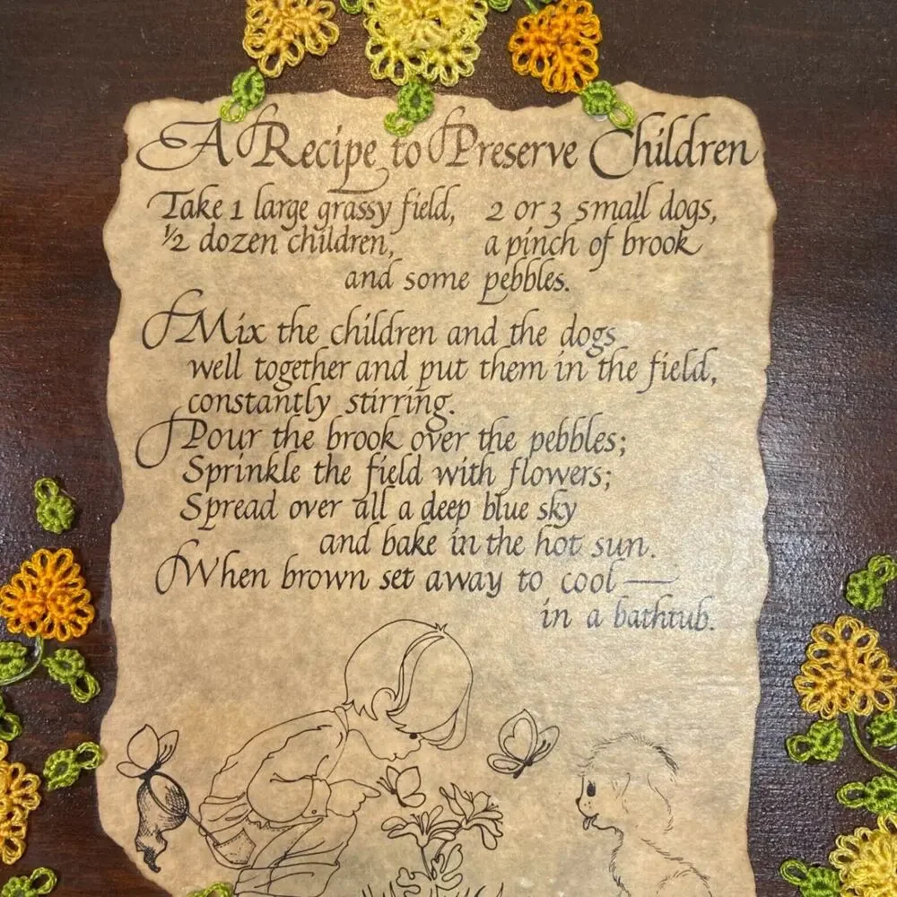 70s  Wall Plaque Childhood Poem Vintage Handmade Floral Wooden Frame Sz 11X10.5